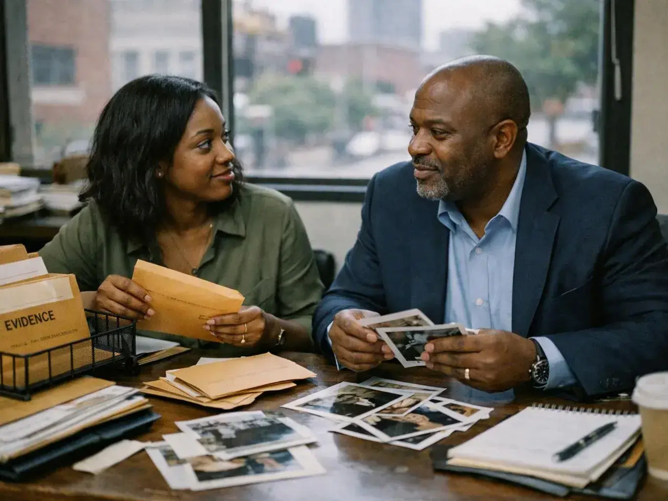 Two coworkers sort evidence folders and photos at a desk in a bright office