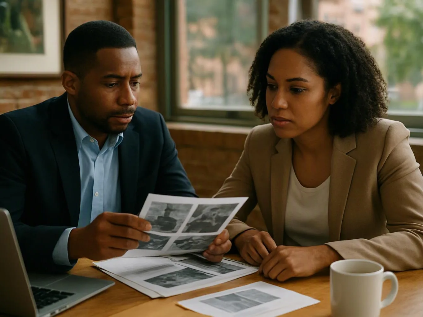 Two people sit at a table, studying printed photos and papers beside a laptop and coffee mug