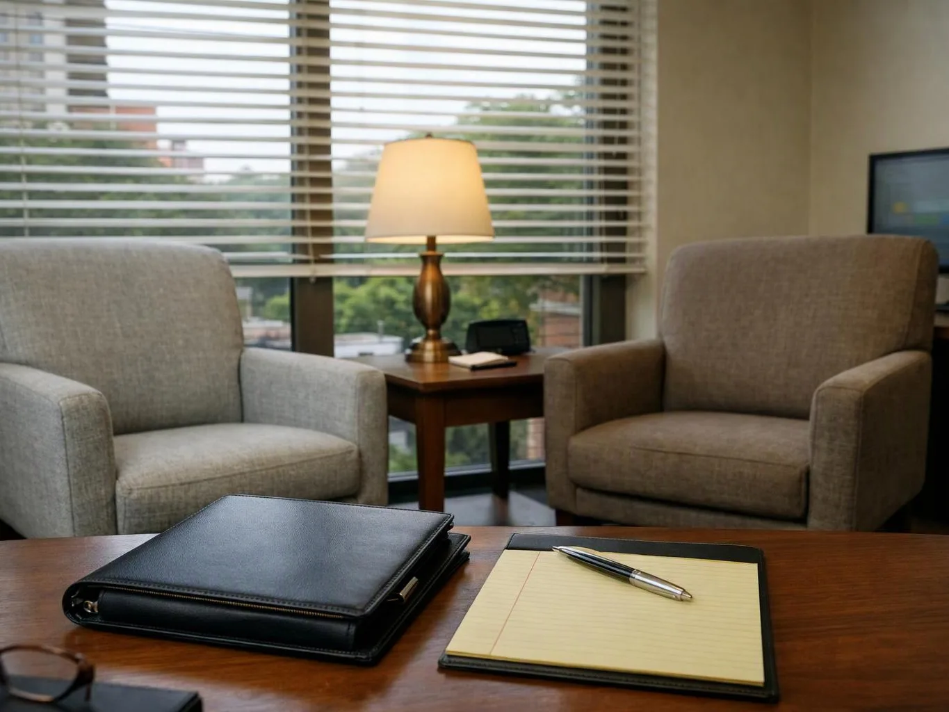 A quiet office lounge with two armchairs, a lamp, and a desk with a binder and notepad