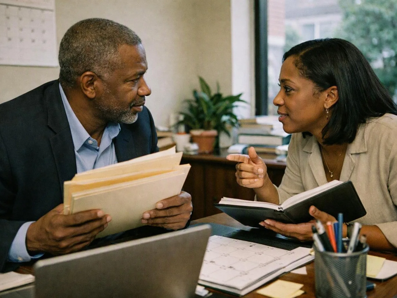 Two coworkers talk across a desk in an office, one holding folders and the other pointing with a notebook