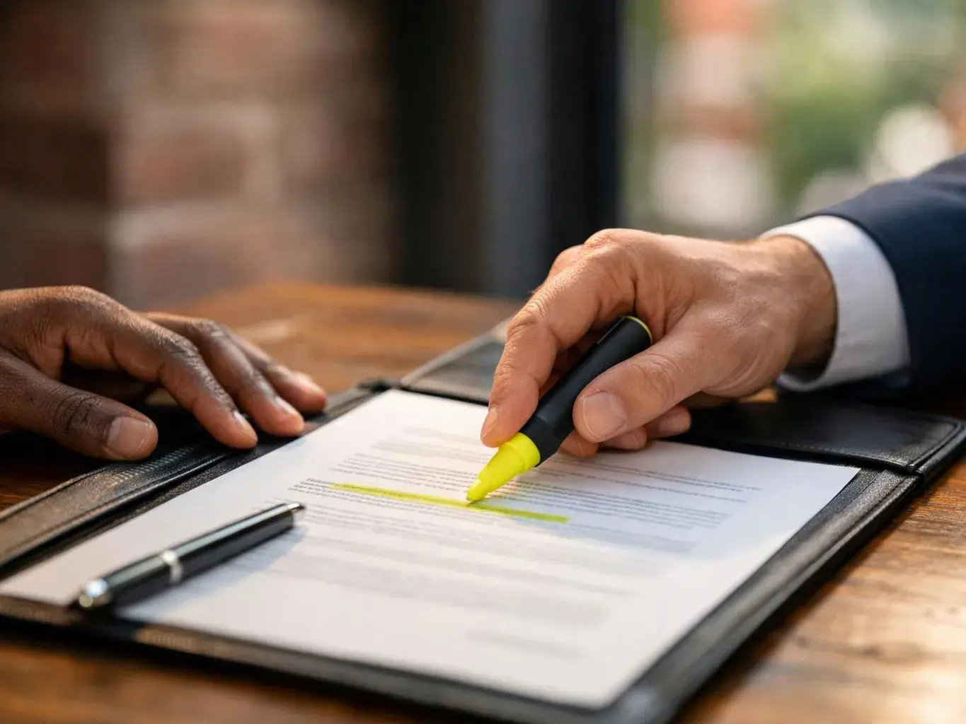 Two hands review a document on a clipboard, with one person highlighting text at a wooden table