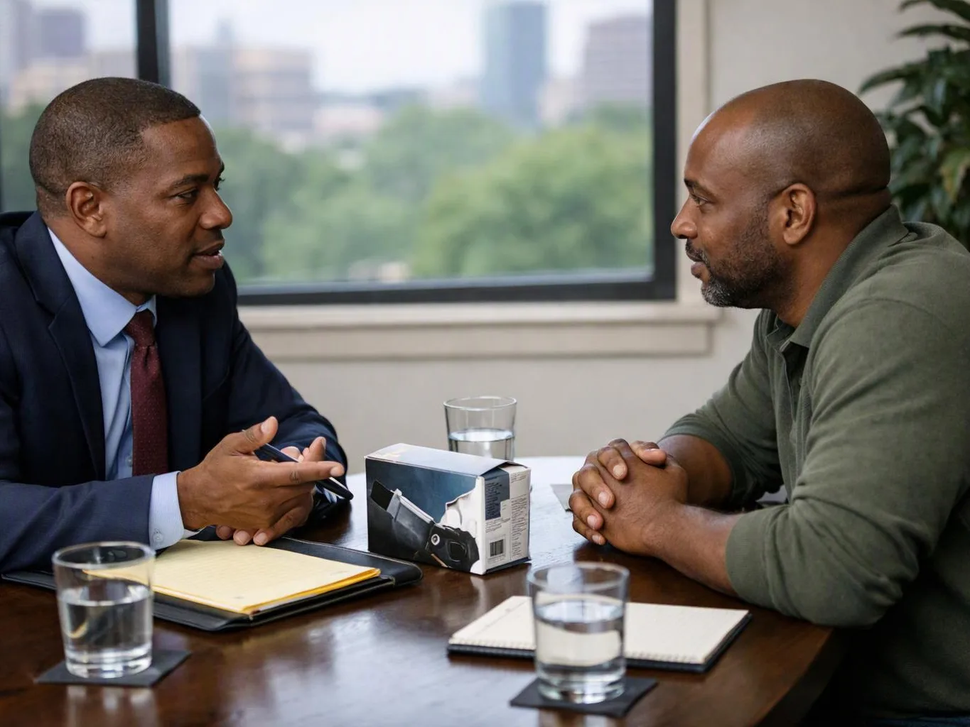 Two men sit across a table in a bright office, talking with notebooks and glasses of water between them