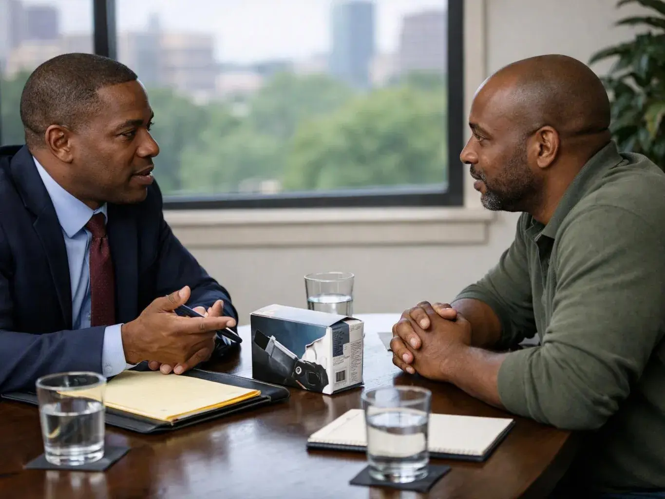 Two men sit across a table in an office, talking with notebooks and glasses of water nearby