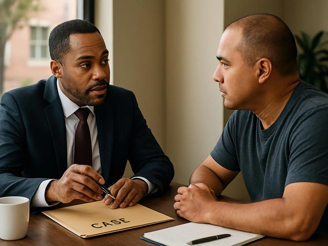 Two men sit at a table in conversation, one in a suit pointing at a folder labeled “CASE”
