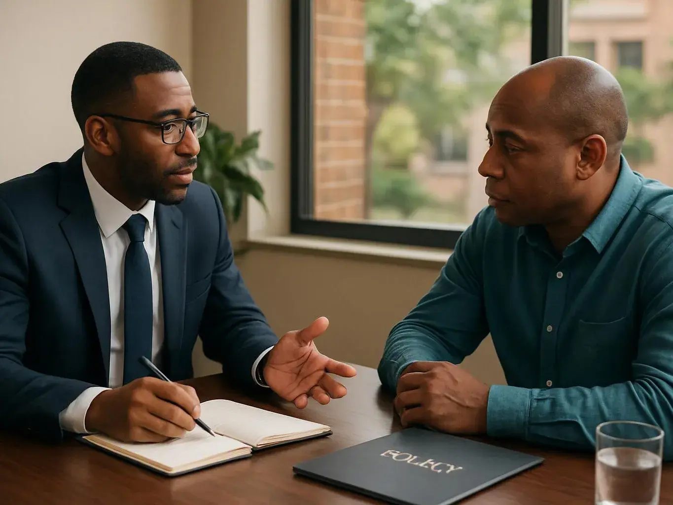 Two men sit at a table in an office, talking over an open notebook and a folder labeled “POLICY”