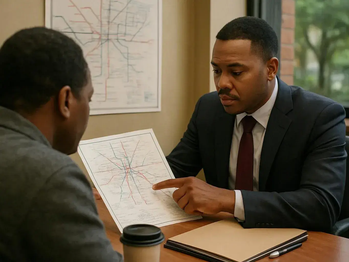 Two men sit at a table, one pointing at a transit map in a small office