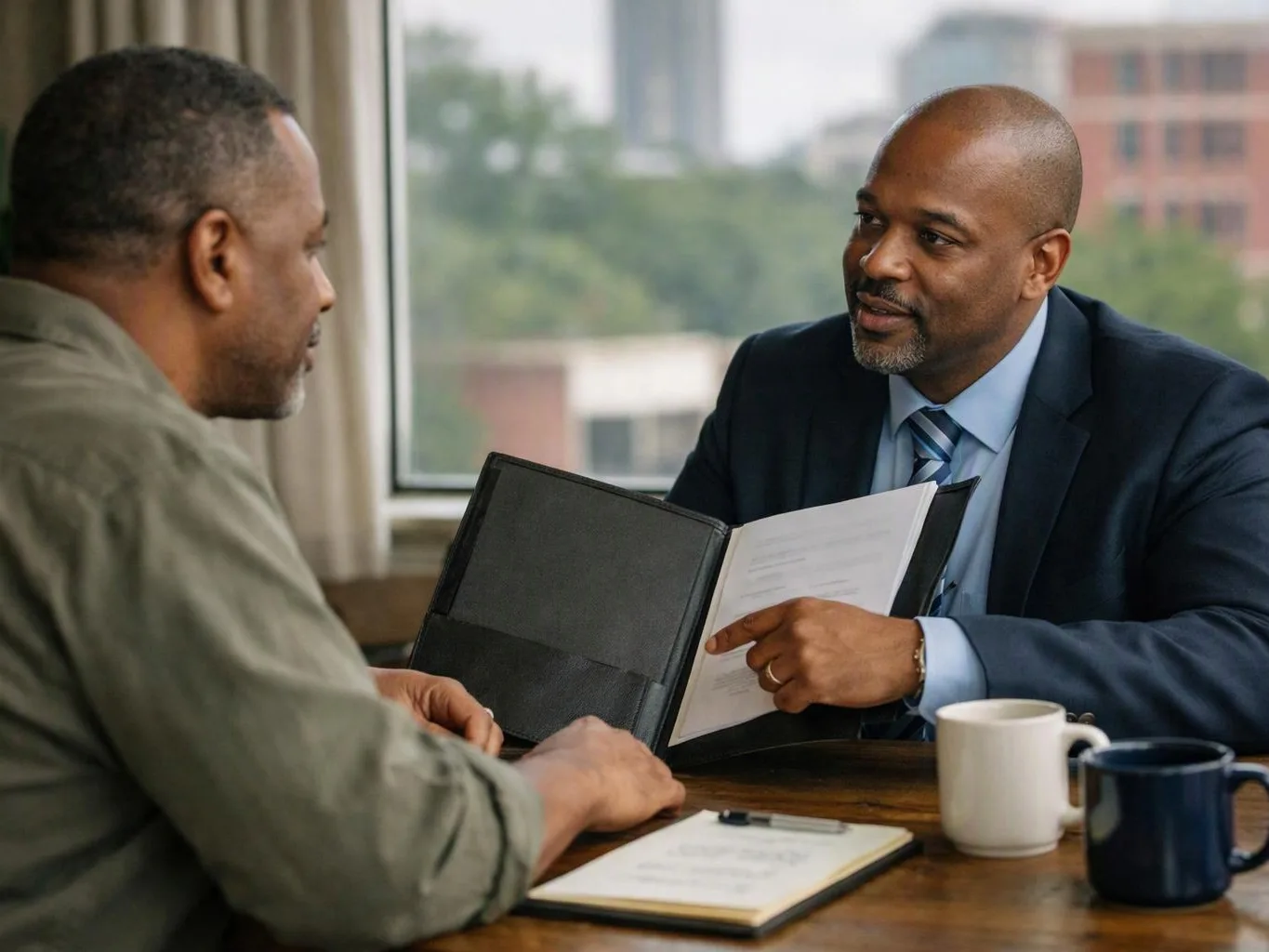 Two men sit at a table, one shows papers in a folder while they talk beside a window