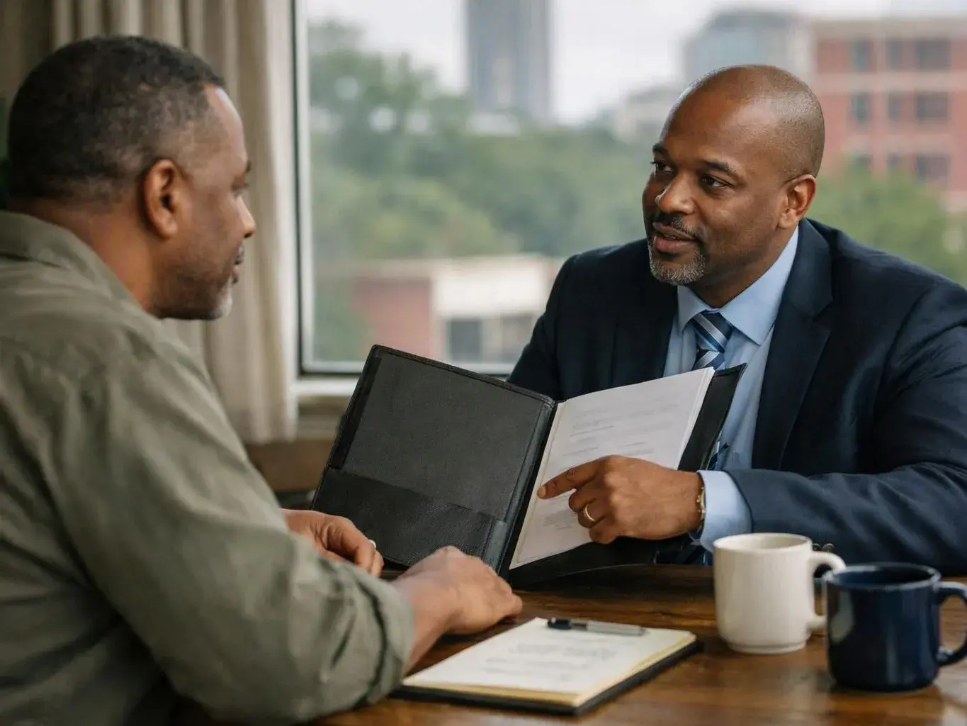Two men sit at a table, one in a suit points to a document while talking in a bright office by a window