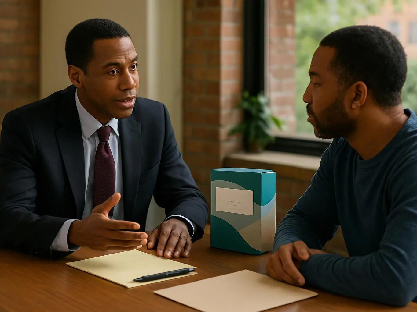 Two men sit at a table, one in a suit speaking with a folder and pen in front of him indoors