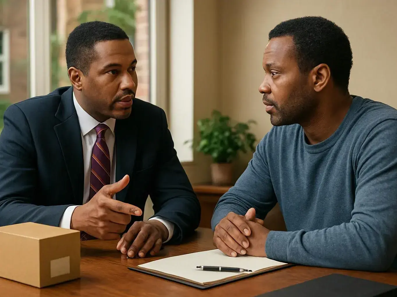 Two men sit at a table, one in a suit speaking while the other listens beside a clipboard and pen