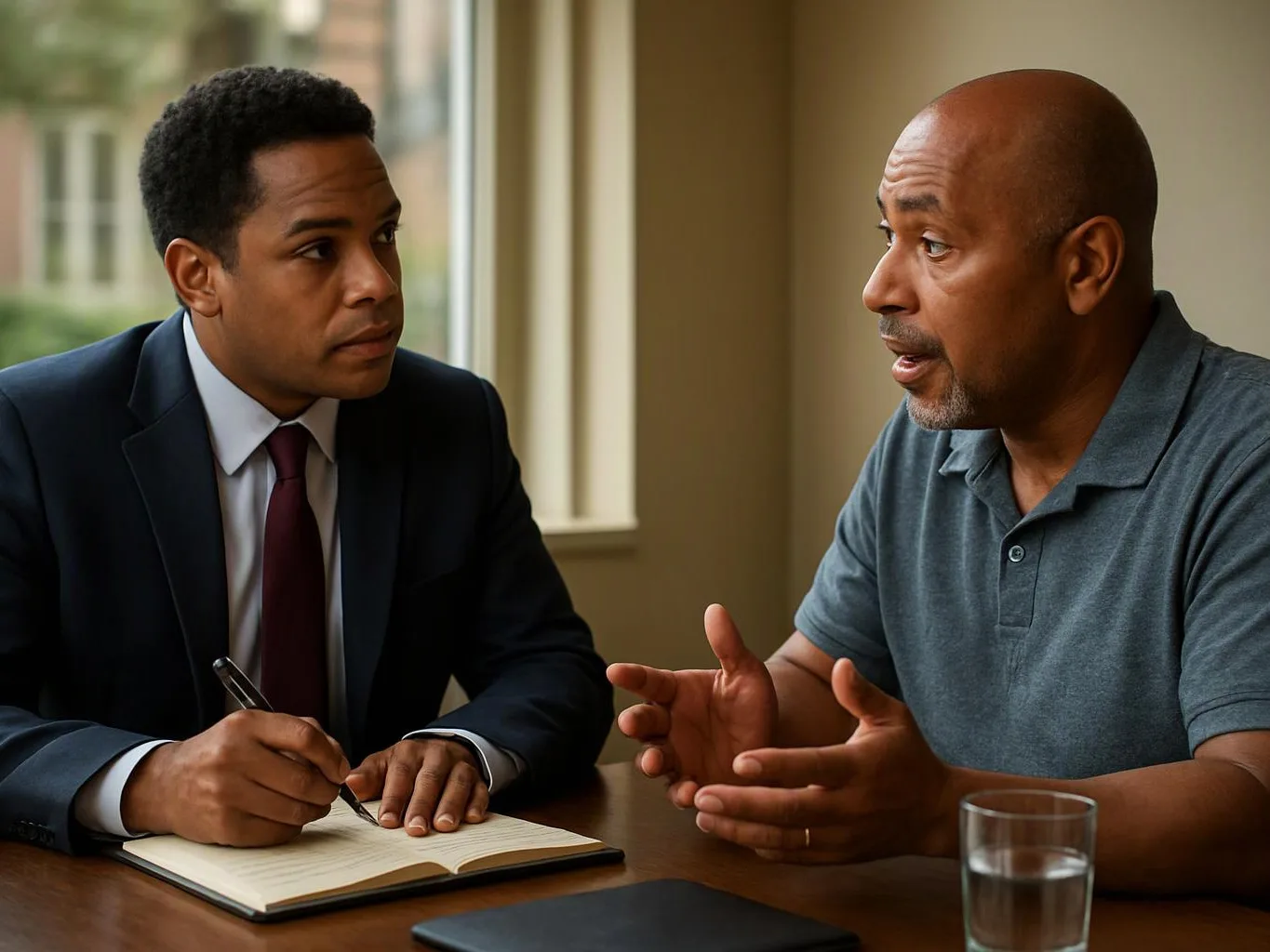 Two men sit at a table, one taking notes while the other speaks and gestures in a bright room