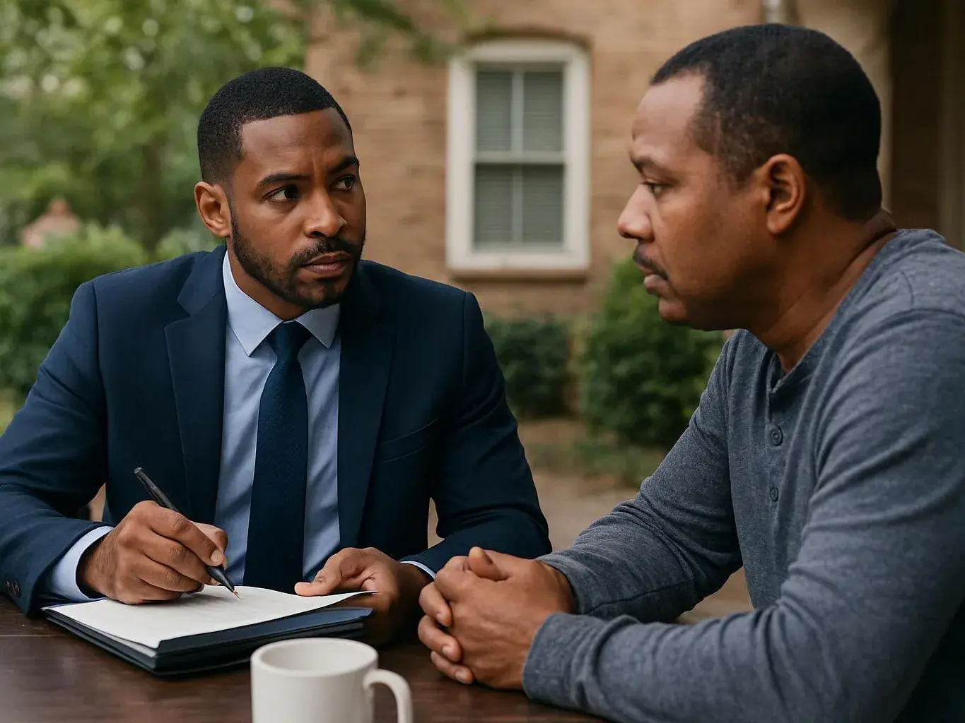 Two men sit at a table outdoors, one taking notes while they talk near a brick house