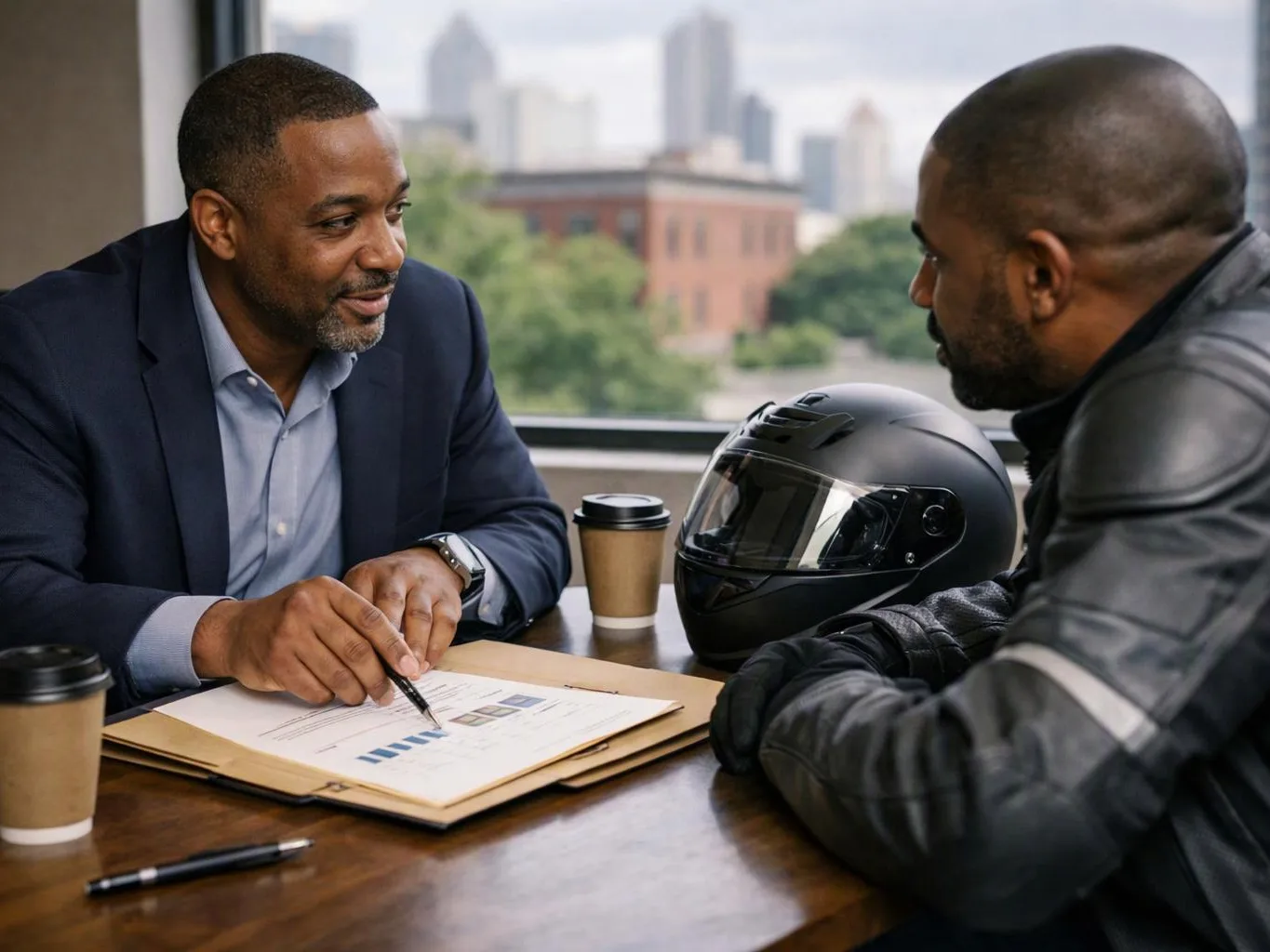 Two men sit at a table, reviewing papers beside a motorcycle helmet with city buildings behind them