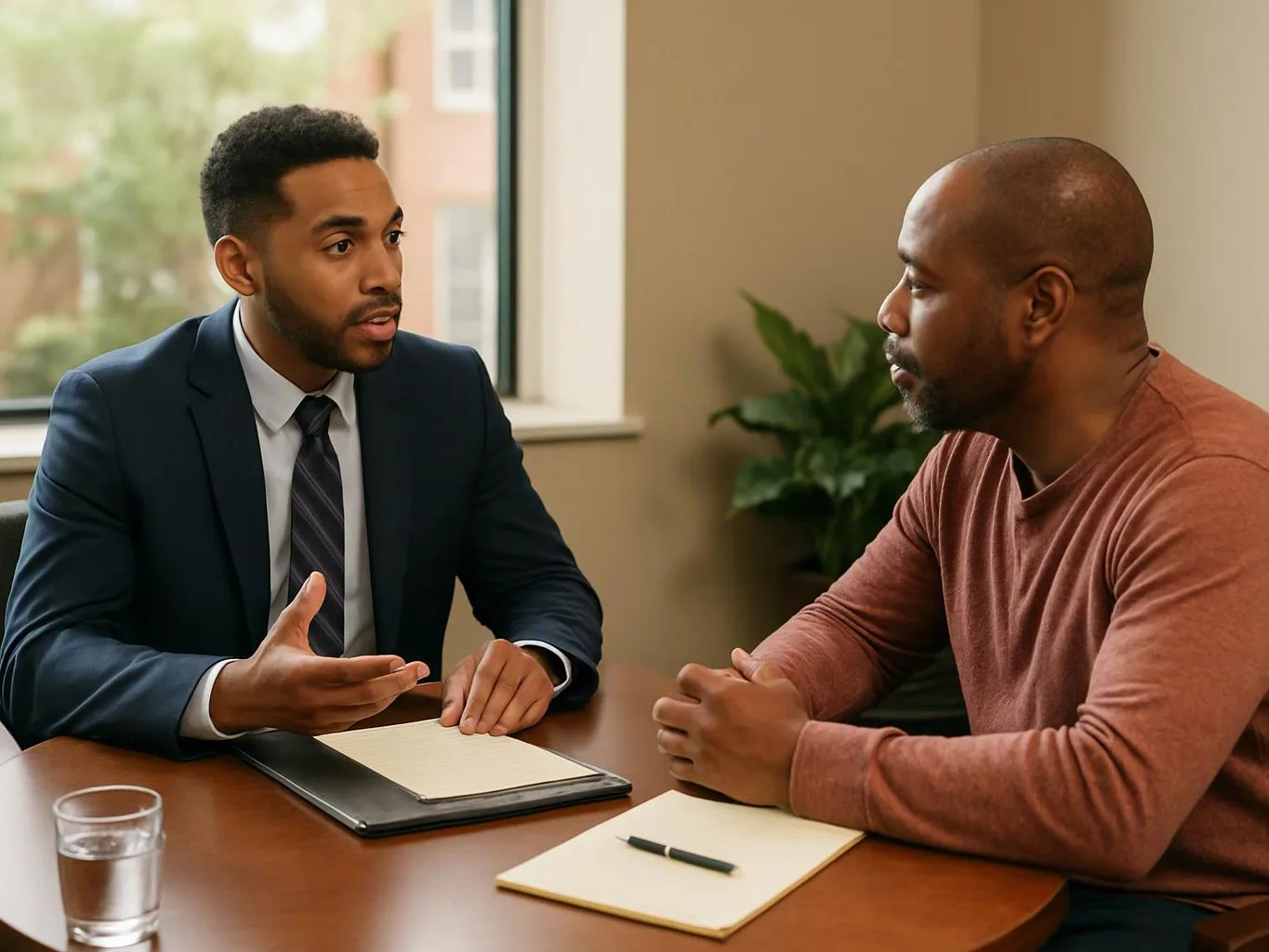 Two men sit at a table, talking across notebooks in a bright office room