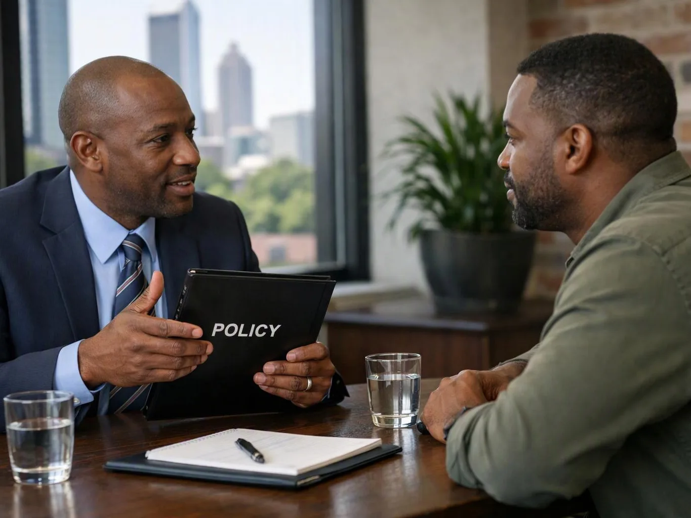 Two men talk across a table, one holding a black folder labeled “POLICY” in a bright office