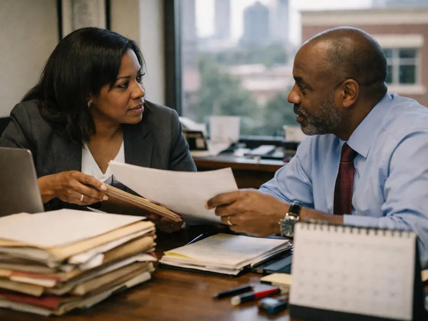 Two office workers review papers across a desk piled with folders and a calendar