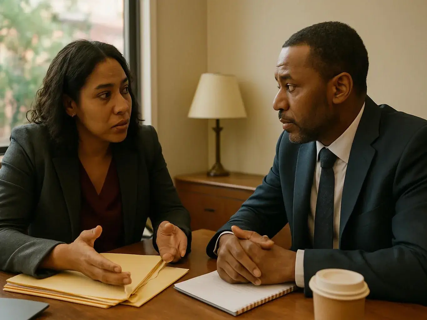 Two office workers sit at a table, talking over folders and a notebook near a window and lamp