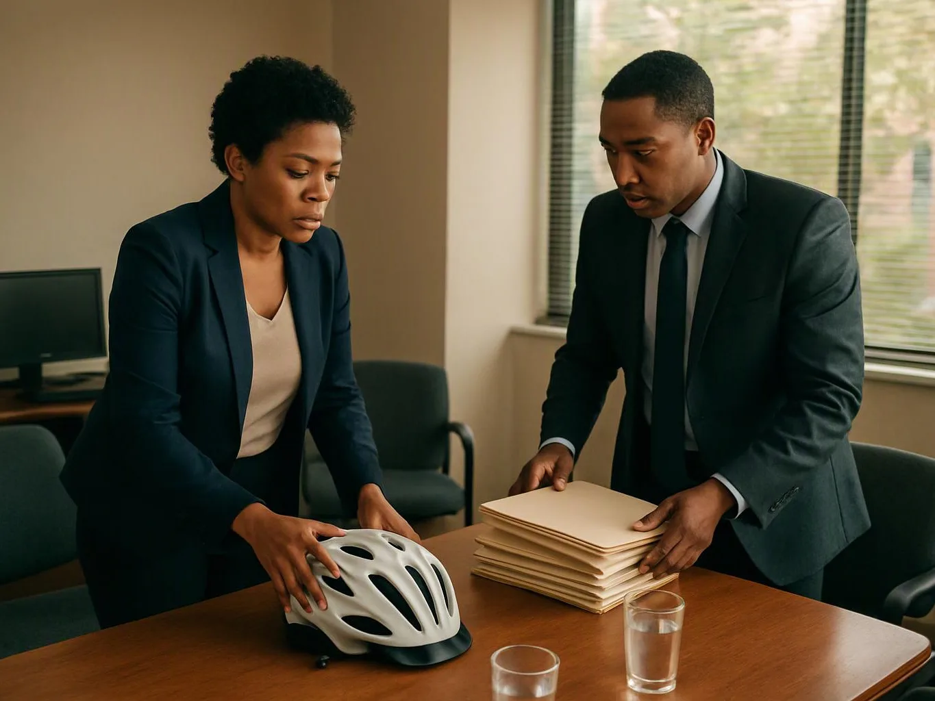 Two office workers in suits stand at a table, one placing a bike helmet beside stacked folders and glasses of water