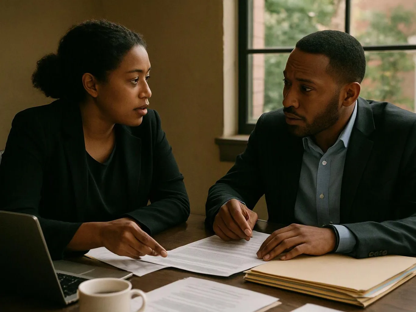 Two people in business clothes review papers at a table beside a laptop and coffee mug near a window