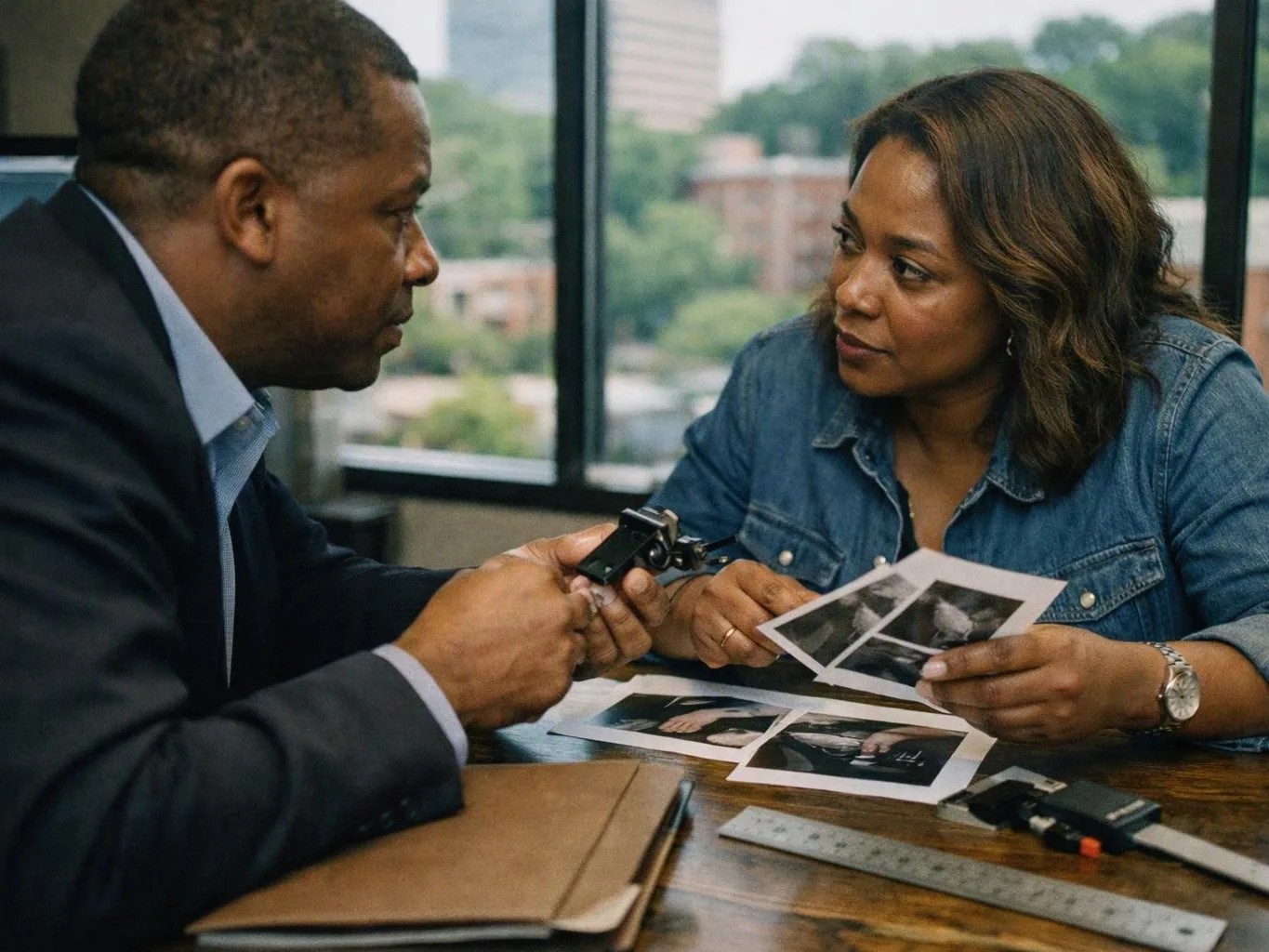 Two people examine printed photos and a small device at a table beside large windows