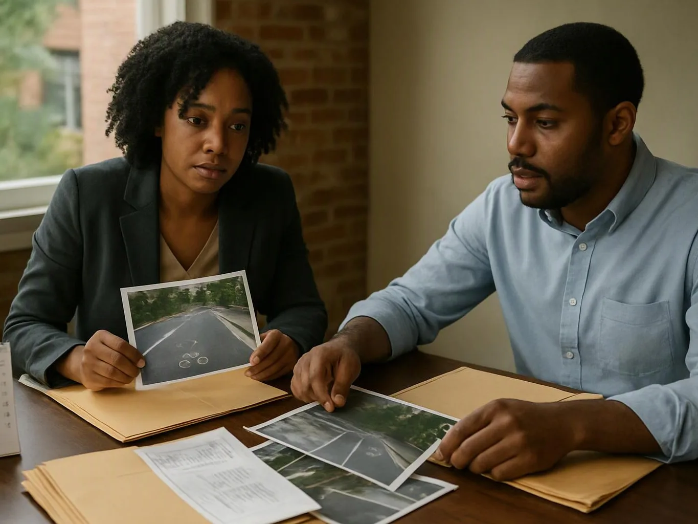 Two people review printed road photos and papers at a table in a bright office room