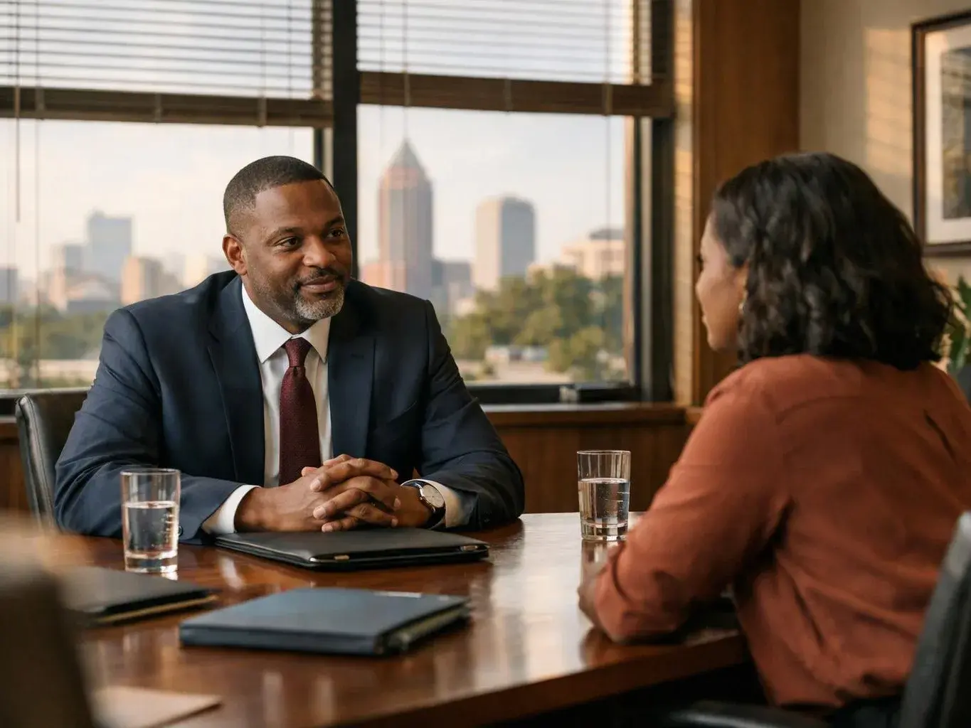 Two people sit across a conference table in a wood-paneled office, talking with city buildings visible through the window