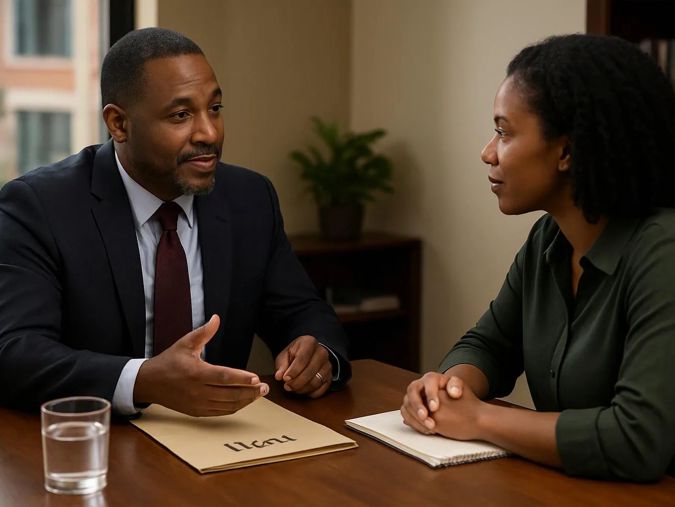 Two people sit across a table in a quiet office, talking over papers and a glass of water