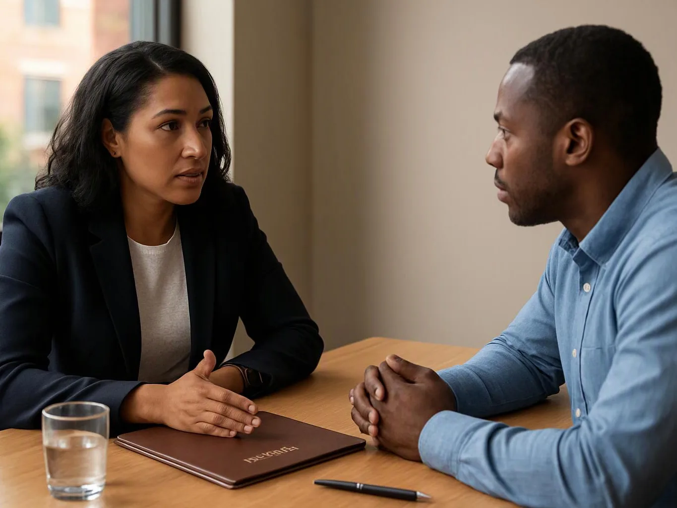 Two people sit across a table, talking seriously beside a glass of water and a closed folder