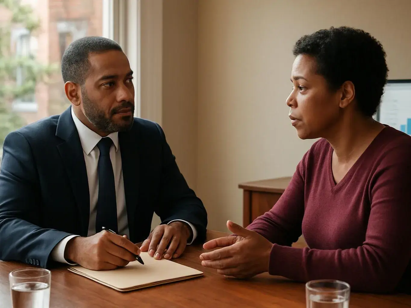 Two people sit across a wooden table, one taking notes while the other speaks in a small office