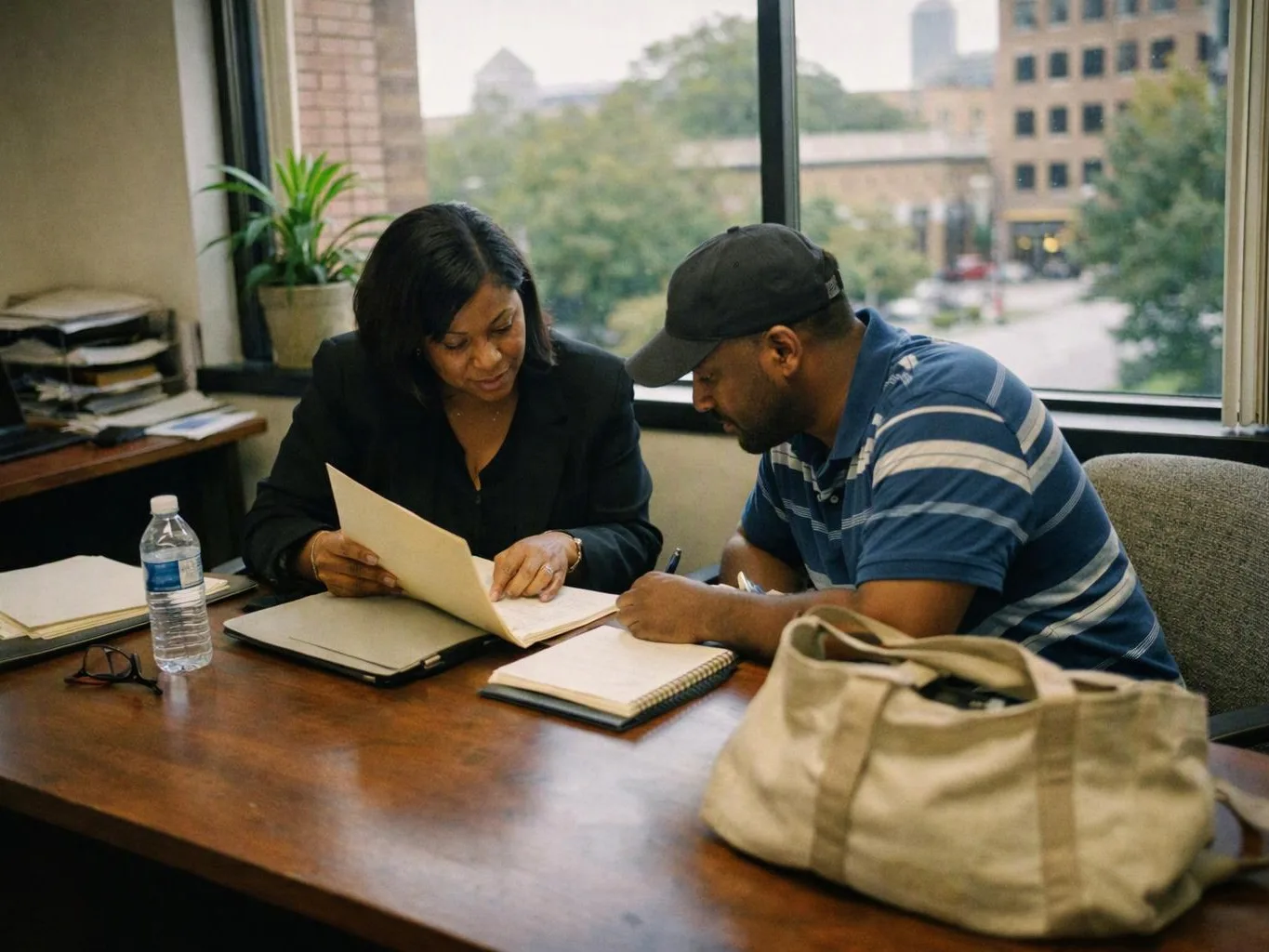 Two people sit at a desk, reviewing papers and writing notes in a sunlit office