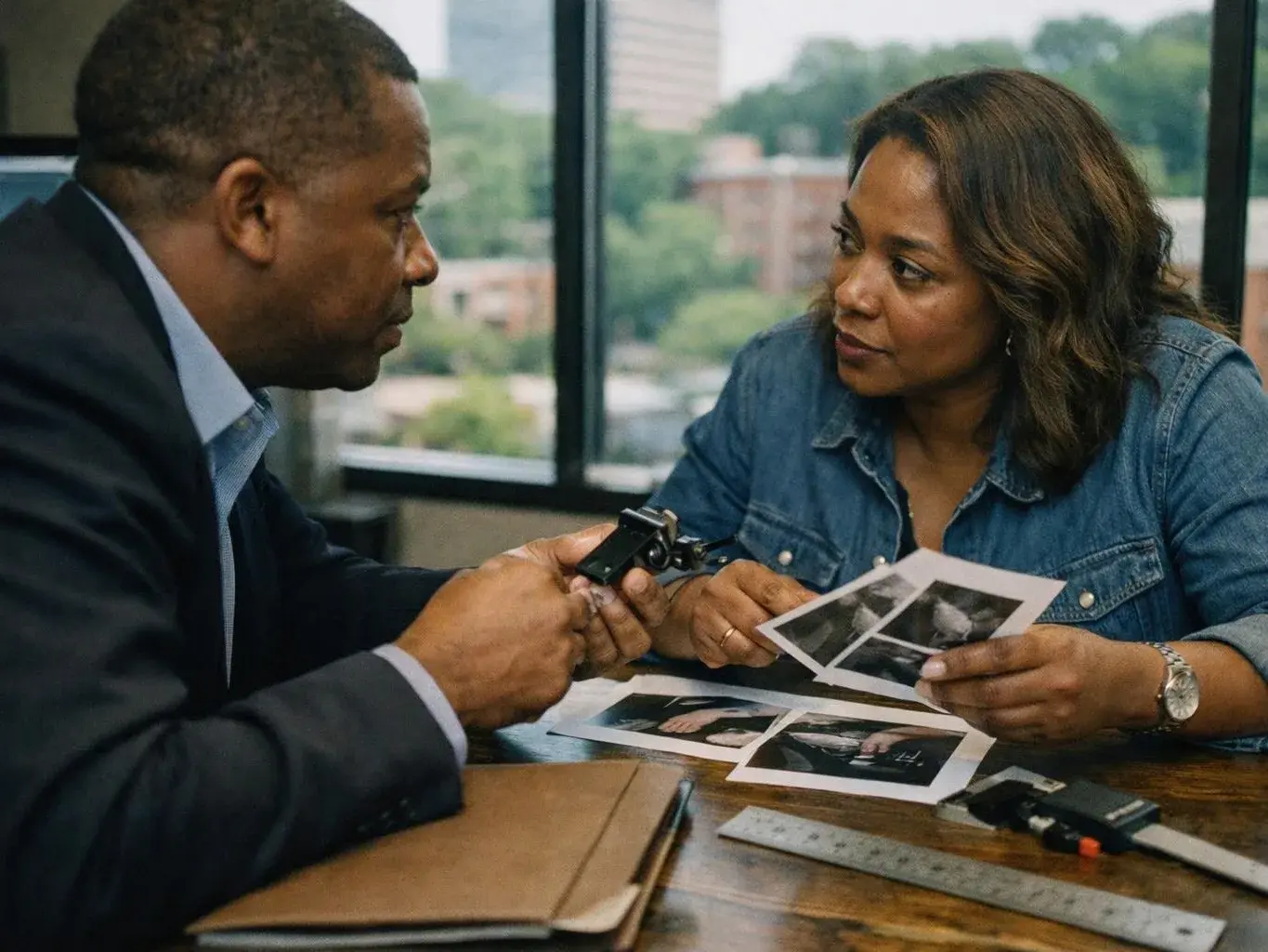 Two people sit at a table, examining printed photos and a small black device in a windowed office