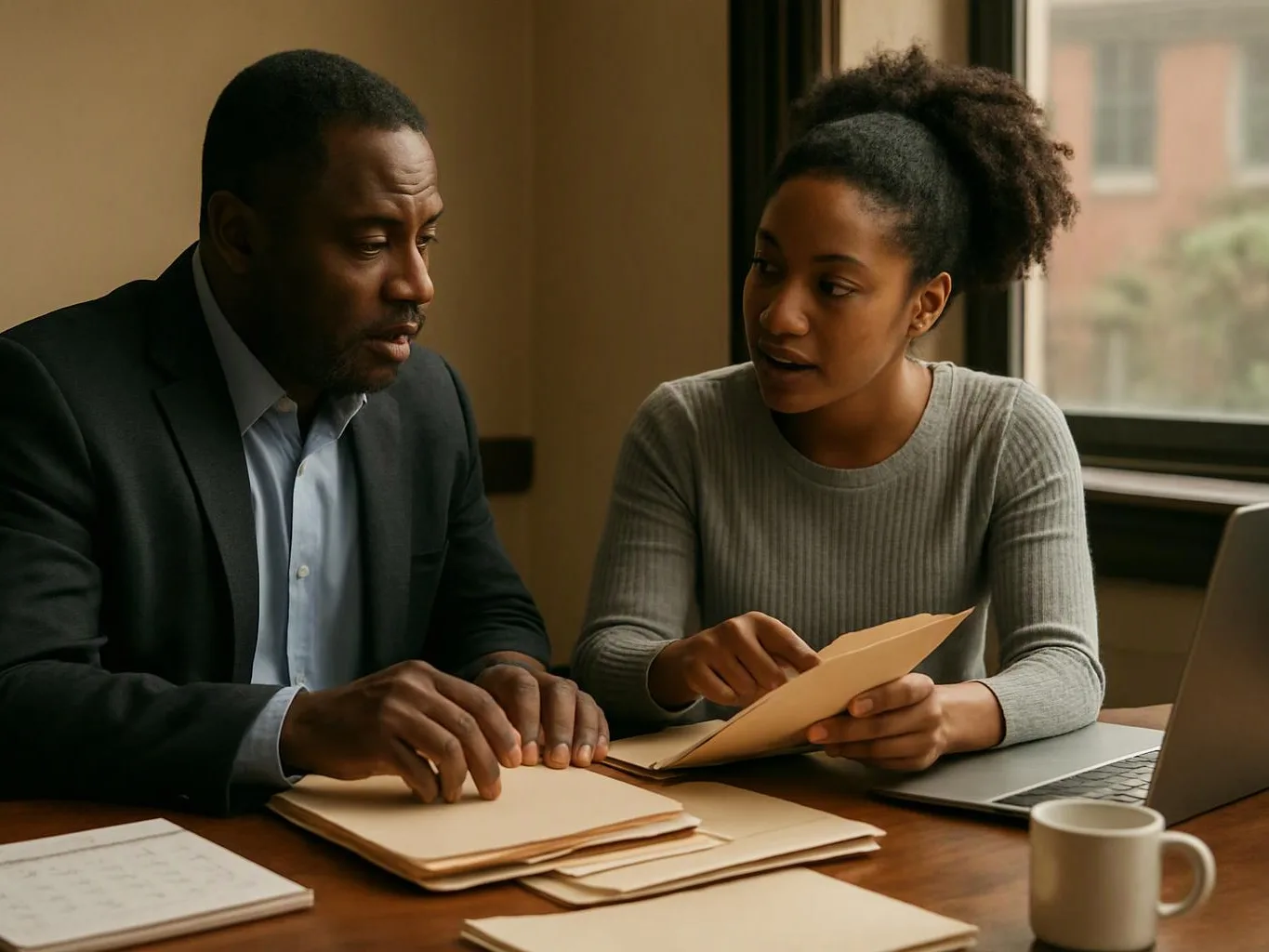 Two people sit at a table, reviewing manila folders beside an open laptop in a quiet room