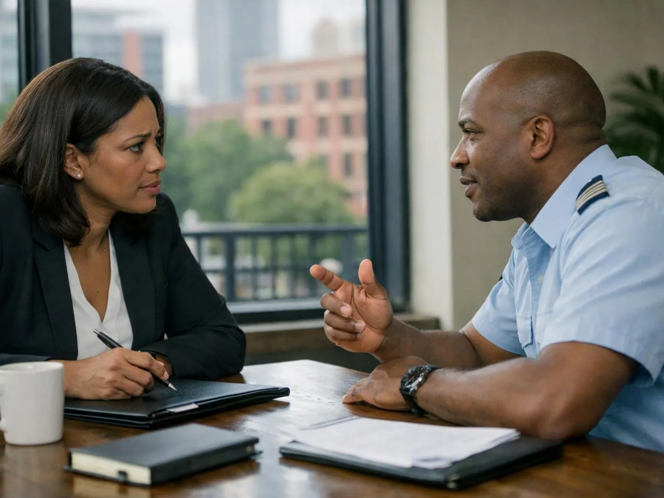 Two people sit at a table and talk across open notebooks in a bright office with a window view