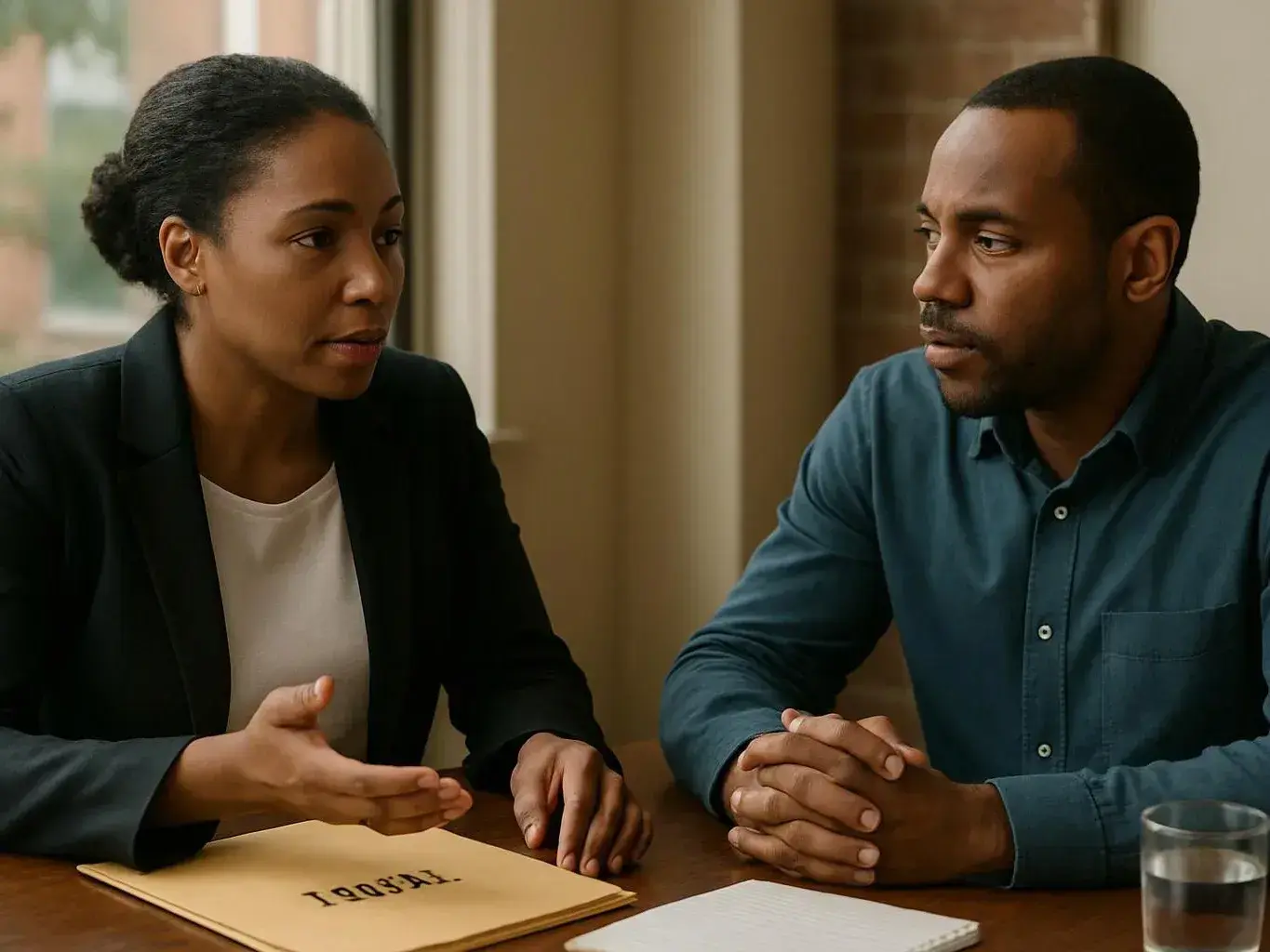 Two people sit at a table, talking over papers in a bright indoor room