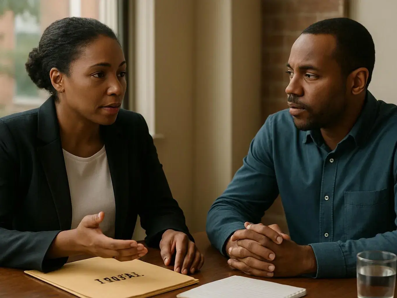 Two people sit at a table, talking over papers and a folder in a bright room