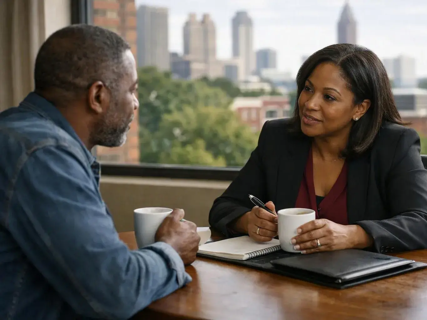 Two people talk across a table, holding coffee mugs in a bright office with a city view