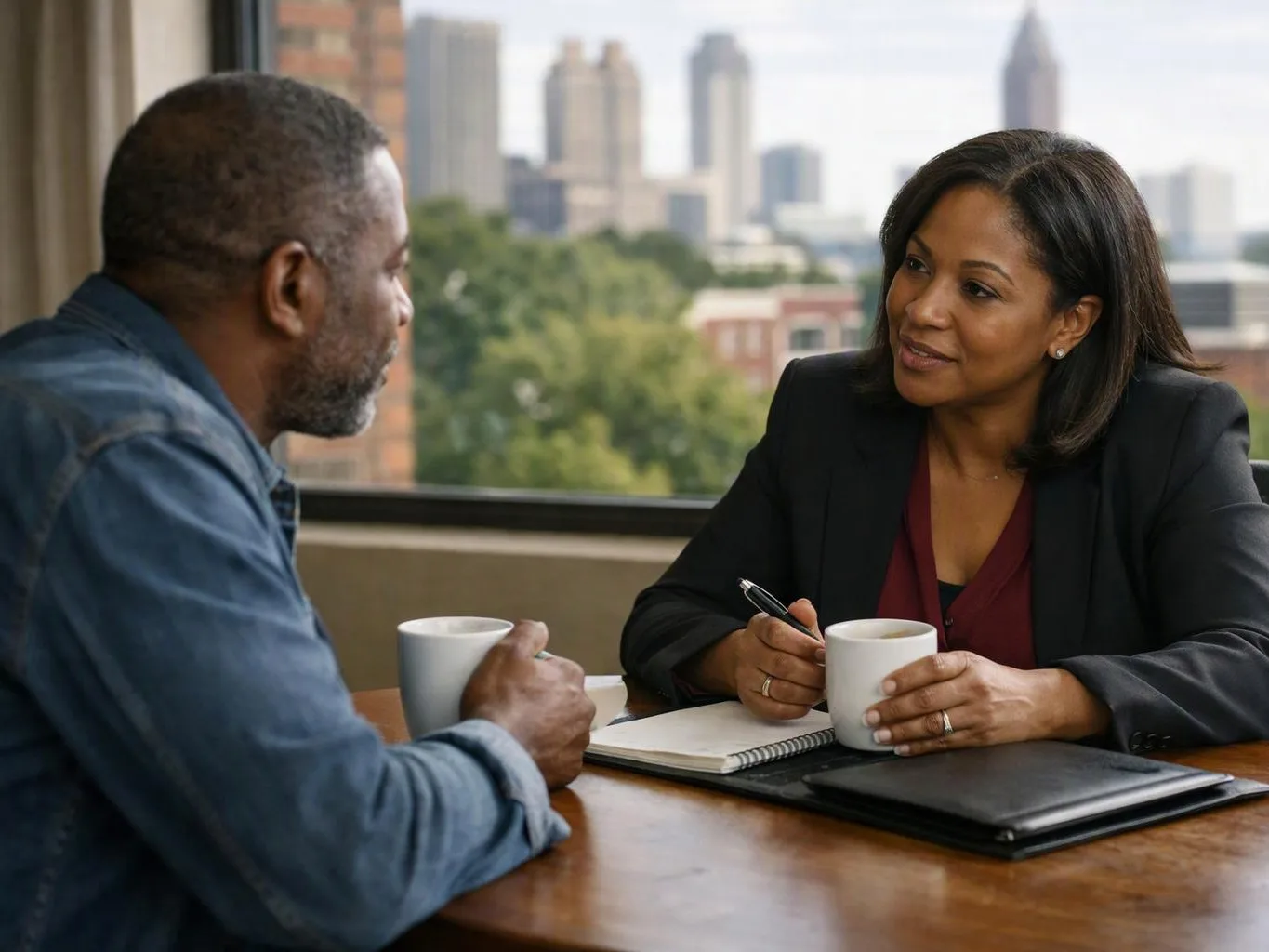 Two people talk across a wooden table, holding coffee mugs and a notebook by a window with a city view