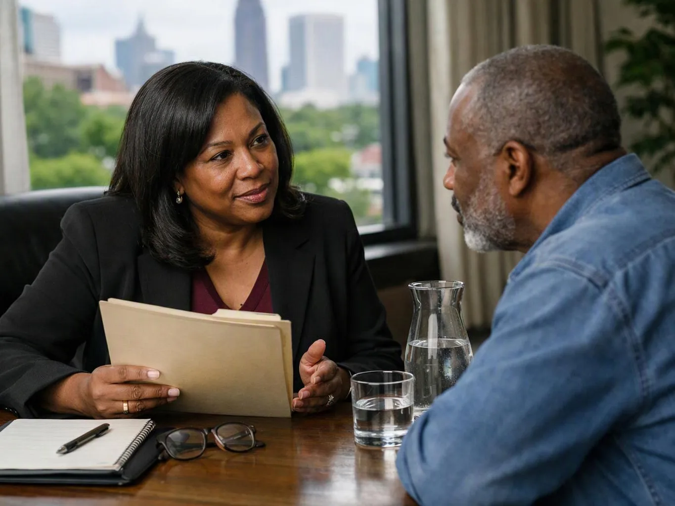Two people talk at a table, one holding a folder, with water, glasses, and a city view behind them