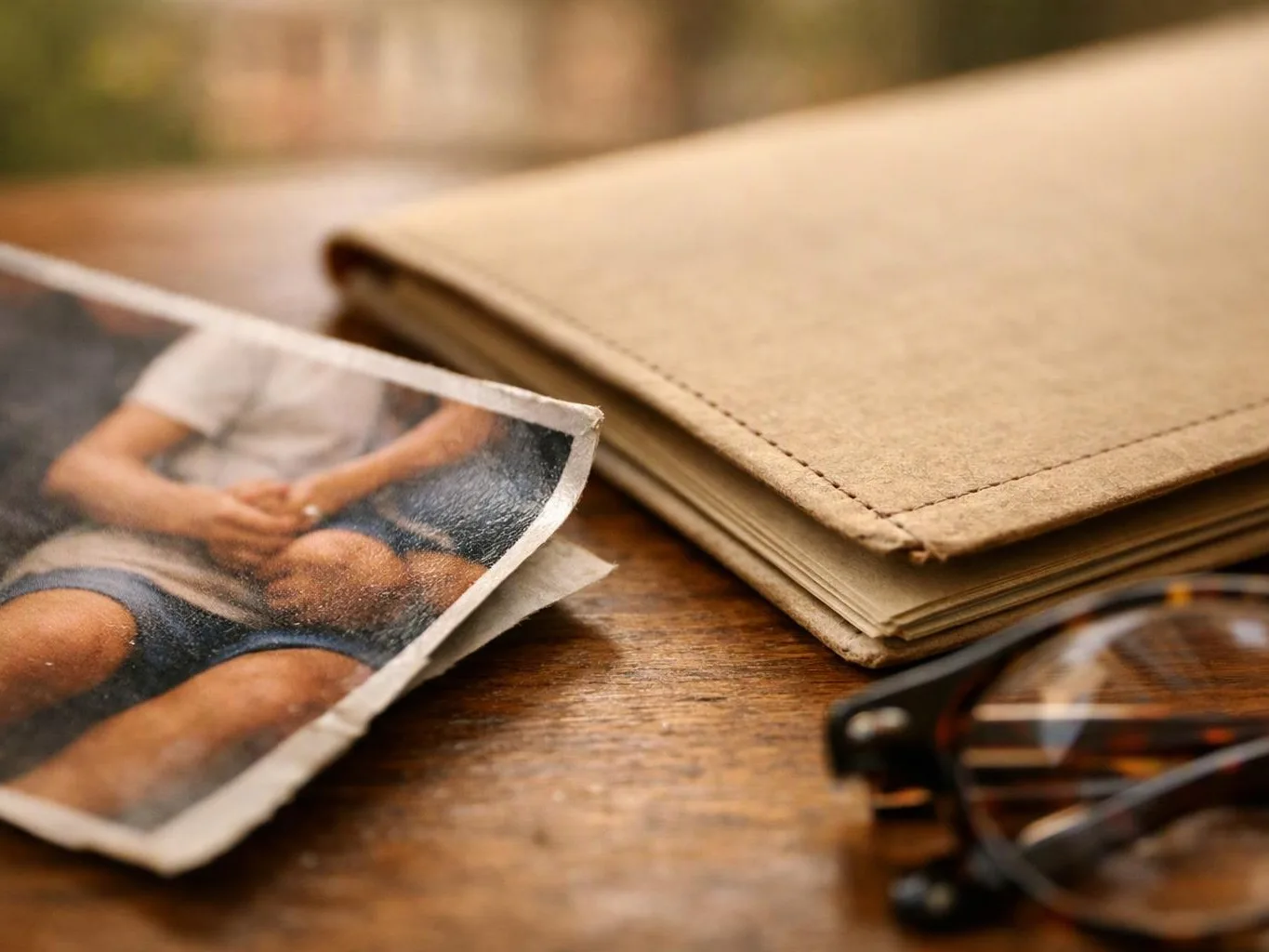 A vintage photo lies beside a brown notebook and eyeglasses on a wooden table