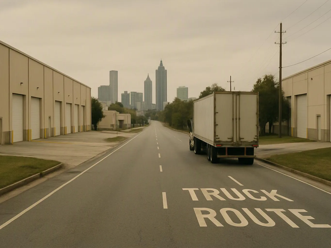 A white box truck drives down a quiet industrial road toward distant city skyscrapers