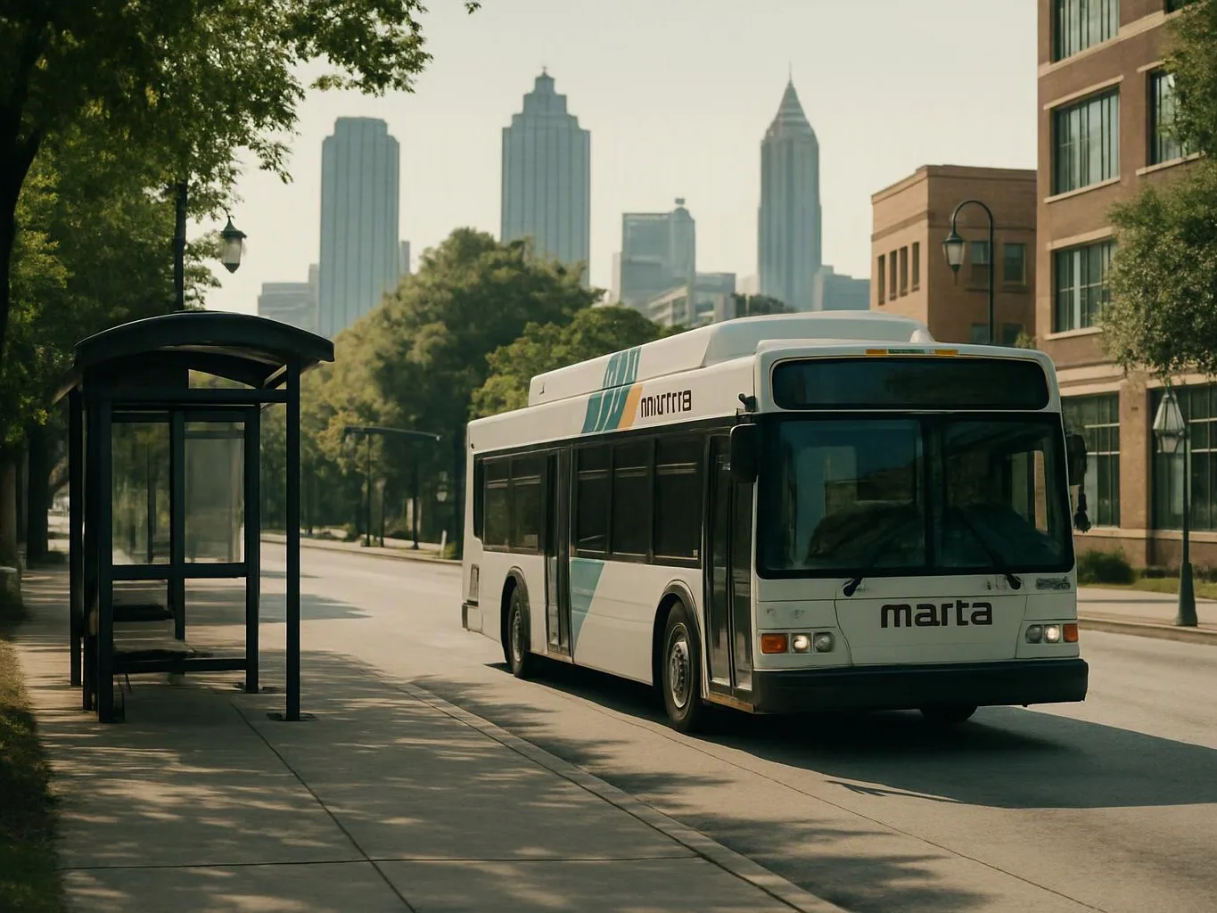 A white city bus waits beside an empty shelter on a tree-lined street with tall buildings behind it
