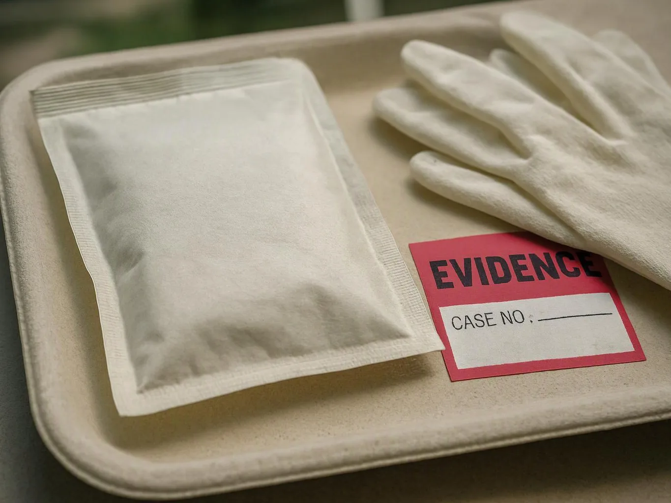 White evidence bag and gloves rest on a beige tray beside a red case label