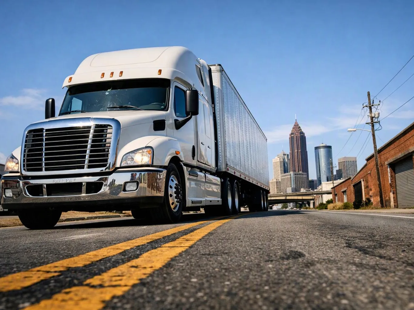 A white semi truck drives down an empty road with a city skyline in the background