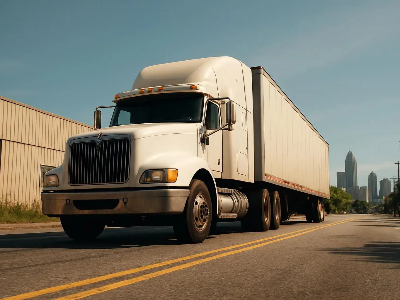 A white semi truck drives down a sunlit road beside warehouses with a city skyline in the distance