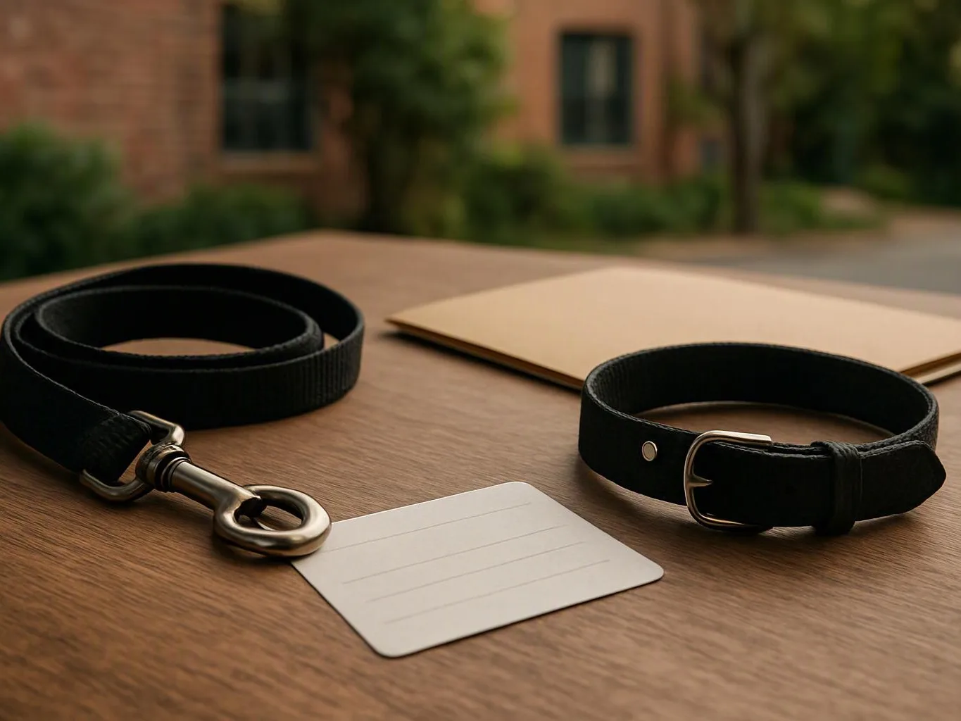 A black leash and collar rest on a wooden table beside a blank card outdoors