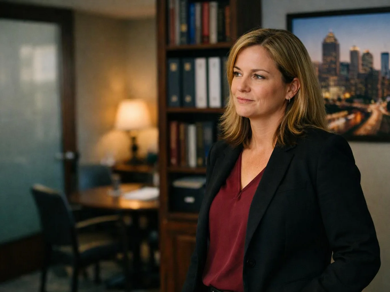 A woman in a blazer stands in an office beside bookshelves, a lamp, and a city photo