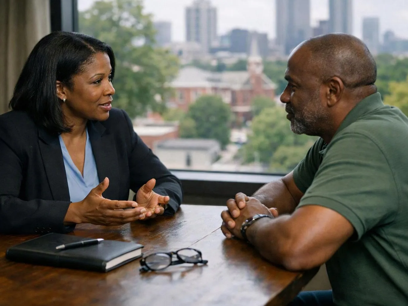 A woman in a blazer talks with a man across a table beside a city window