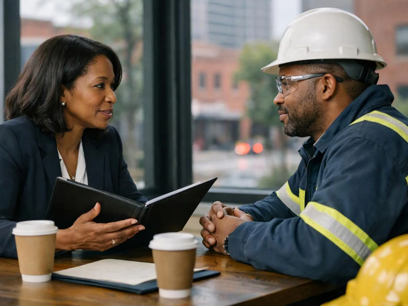 A woman in a blazer talks with a man in a hard hat across a table with folders and coffee cups
