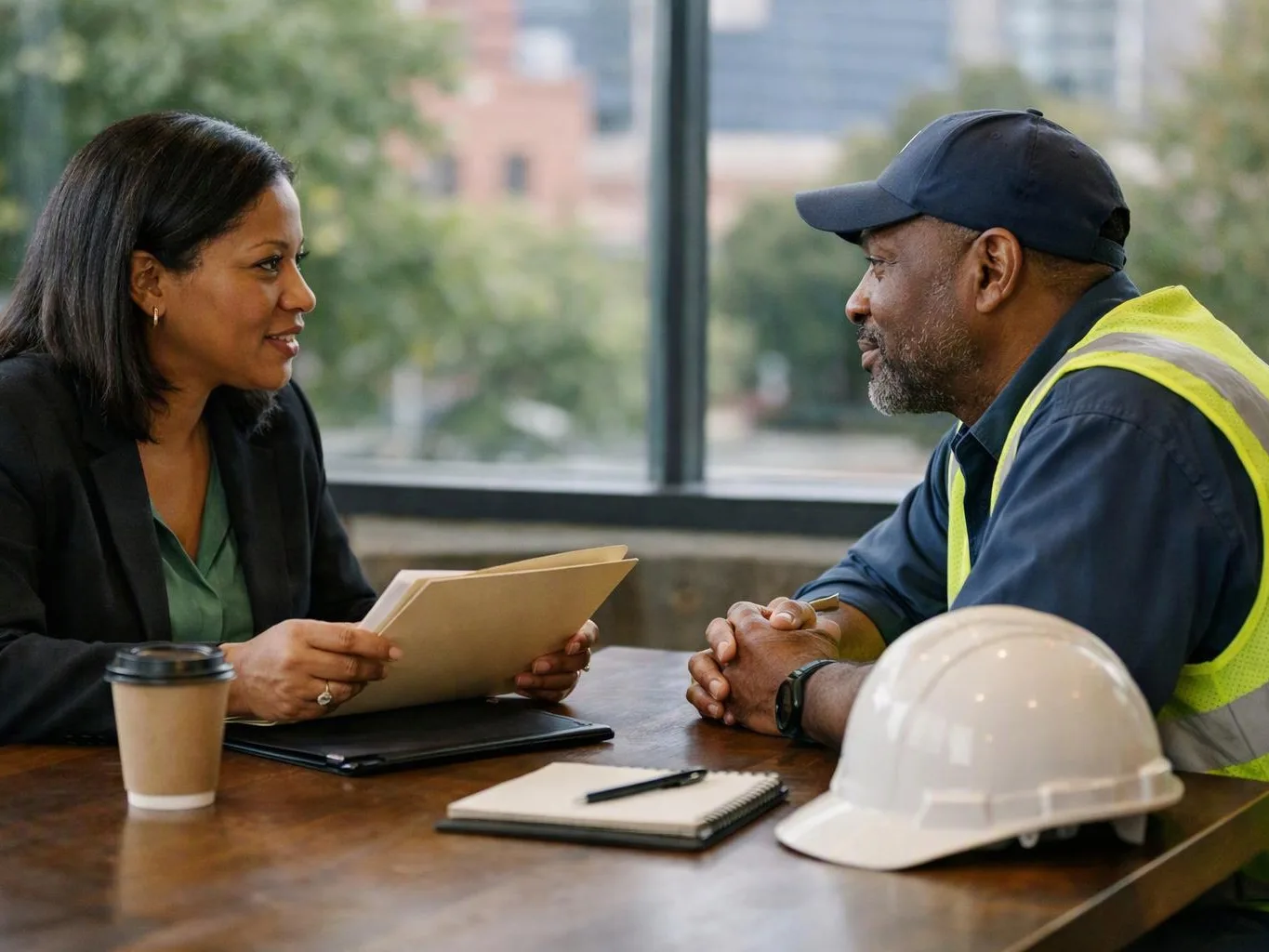 A woman and a construction worker talk across a table with folders, a notebook, coffee, and a hard hat nearby
