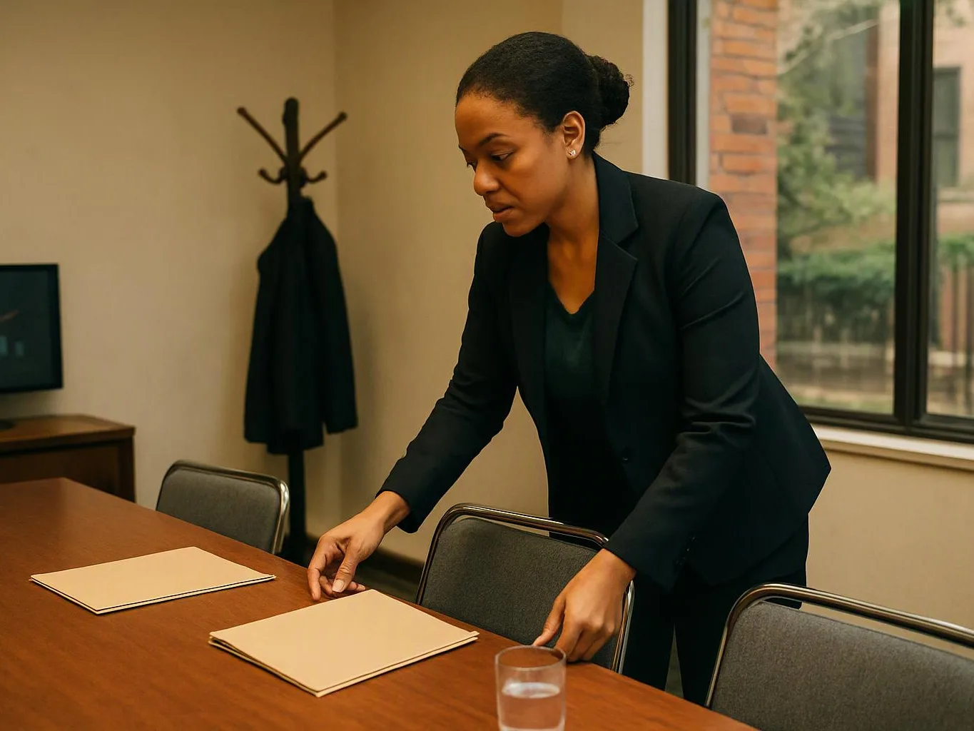 A woman in a dark blazer arranges folders on a conference table in a quiet office room